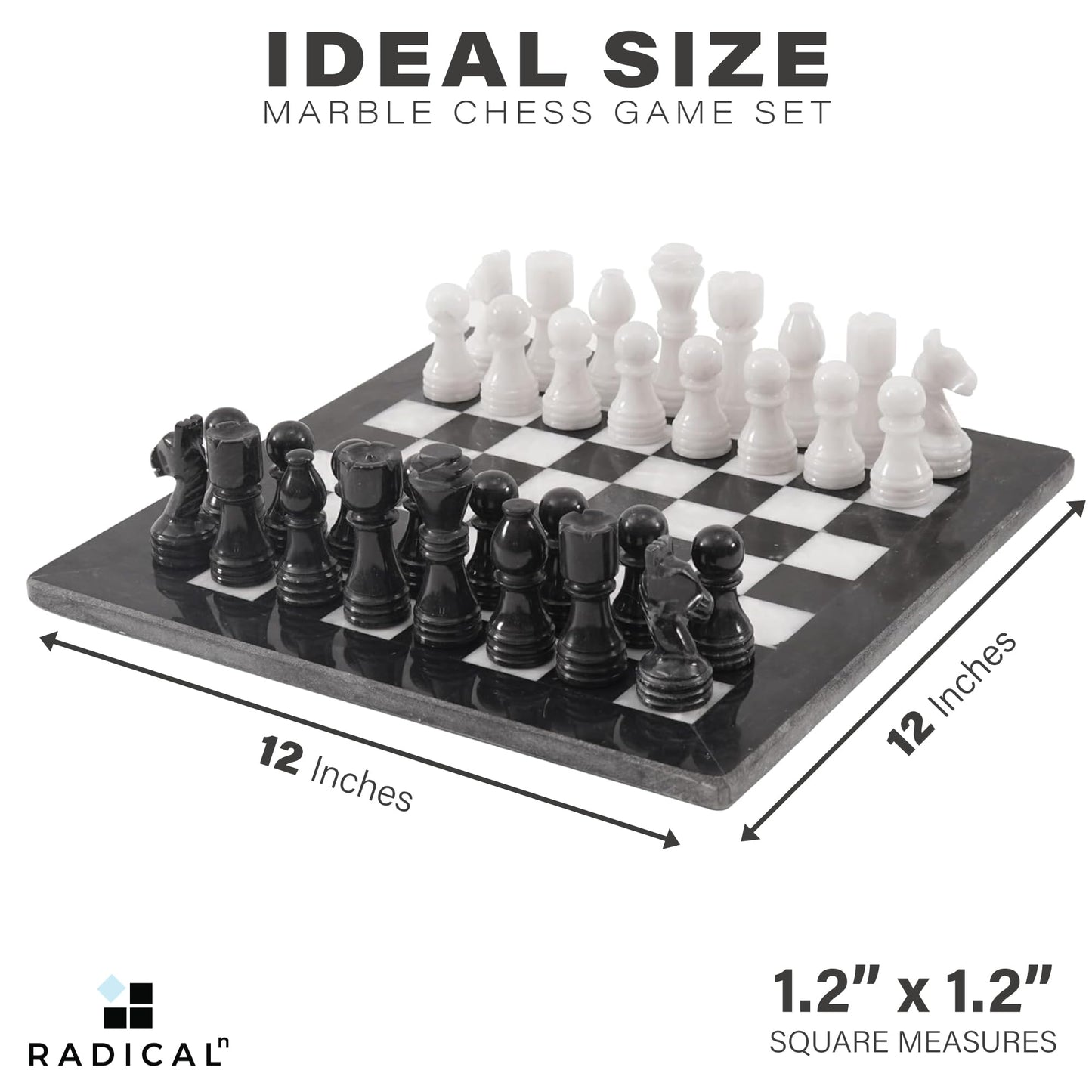Radicaln Marble Chess Set 12' Inches Black & White Handmade Board Game 2 Player Classic Chess Sets For Adults- 1 Chess Board & 32 Chess Pieces - Chess Game