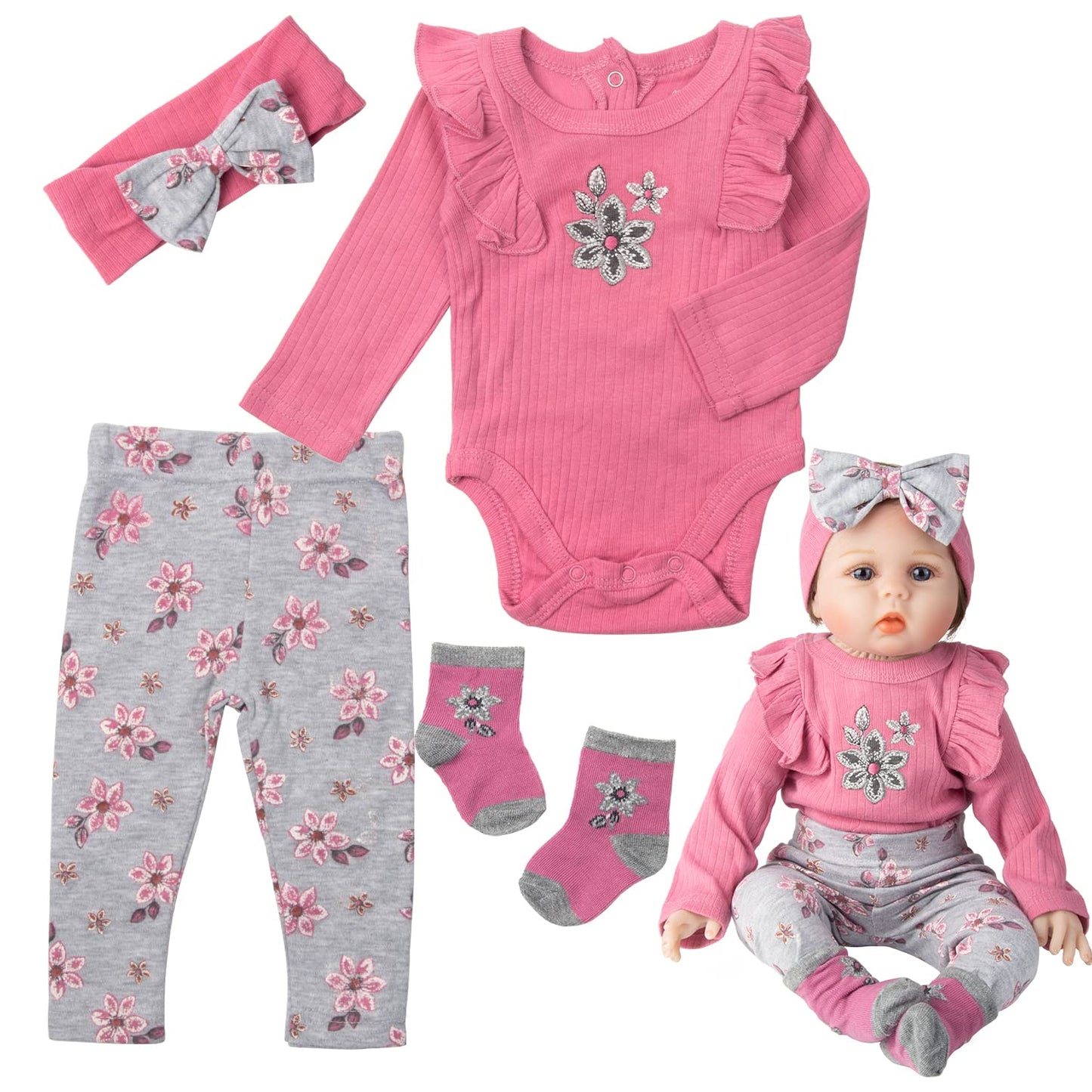 Handmade 24 inch Reborn Doll Clothes Pink Knitted Suit 4Pieces 22inch-24inch Reborn Baby Doll Matching Clothes