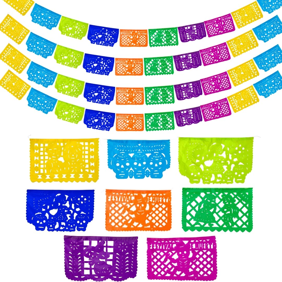 Day of The Dead Mexican Party Decorations - Dia de Los Muertos Papel Picado Tissue Paper Banner Set (12.5 Ft x 4, 50 Ft Total) H