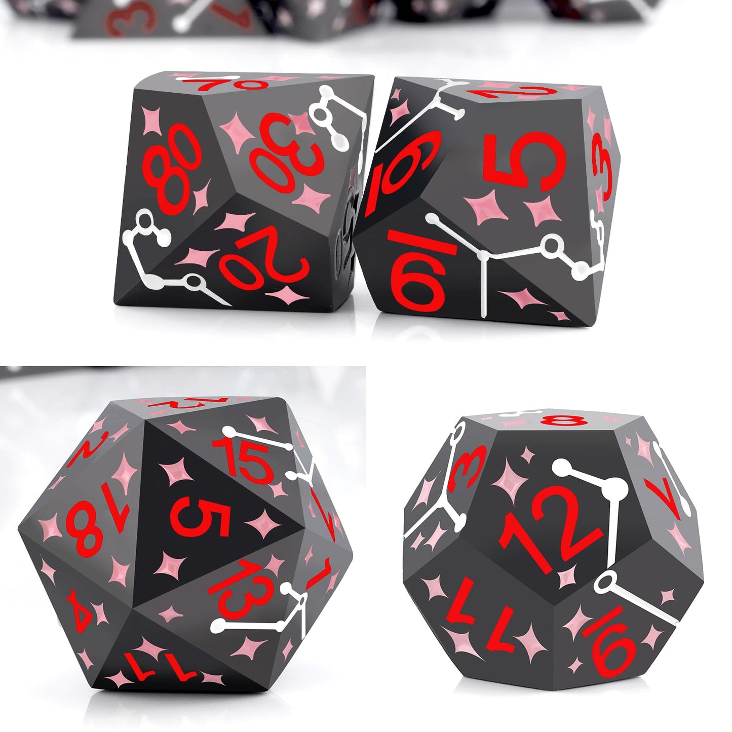 PJOY Metal Dice Set D&D Star Dice Set DND Polyhedral Dice for RPG Role Playing Games Dungeons and Dragons TTRPG Black Red Pink D