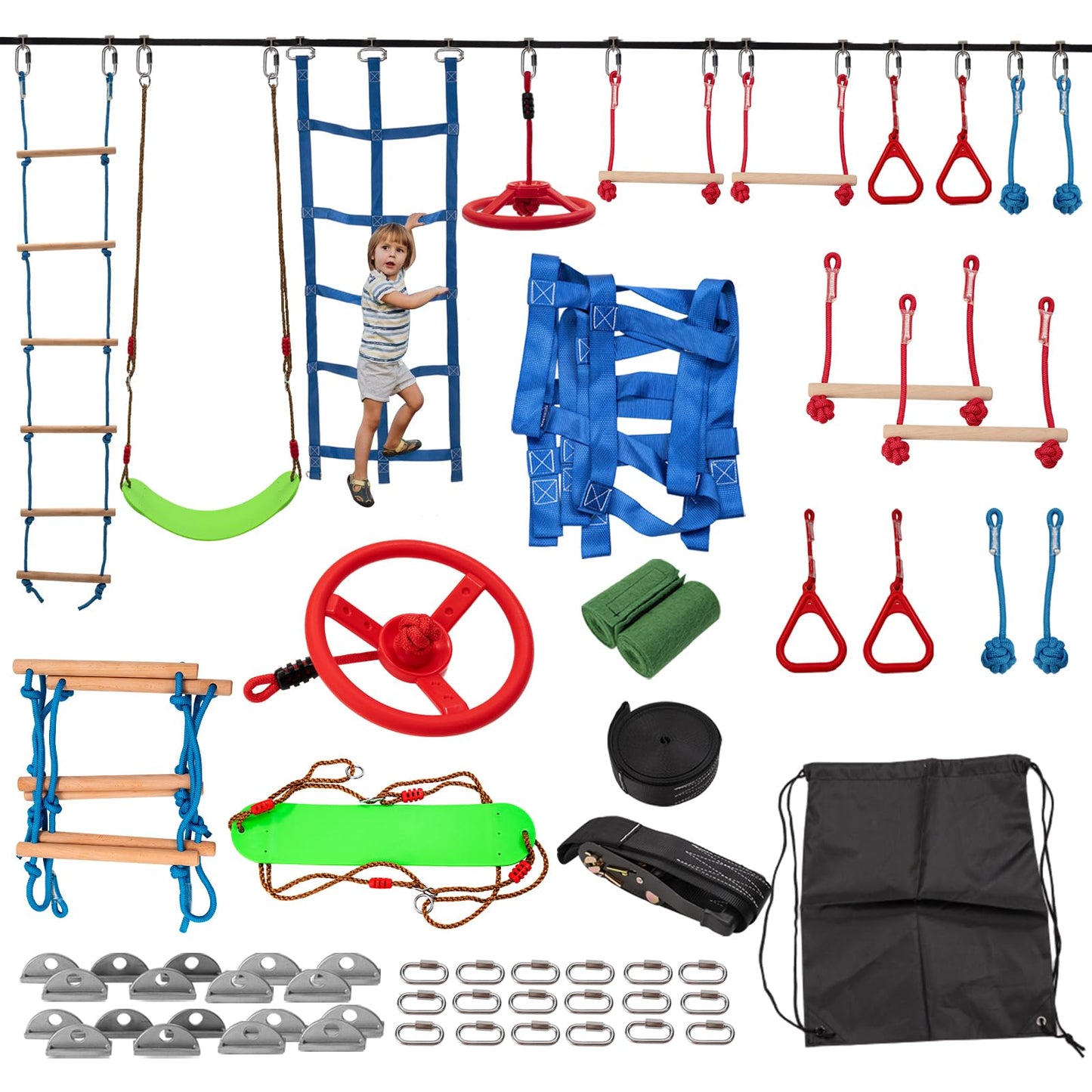 Slsy 60Ft Ninja Warrior Obstacle Course (10 Obstacles), Ninja Slackline Kit For Kids, Durable Playset Equipment With 10 Complete