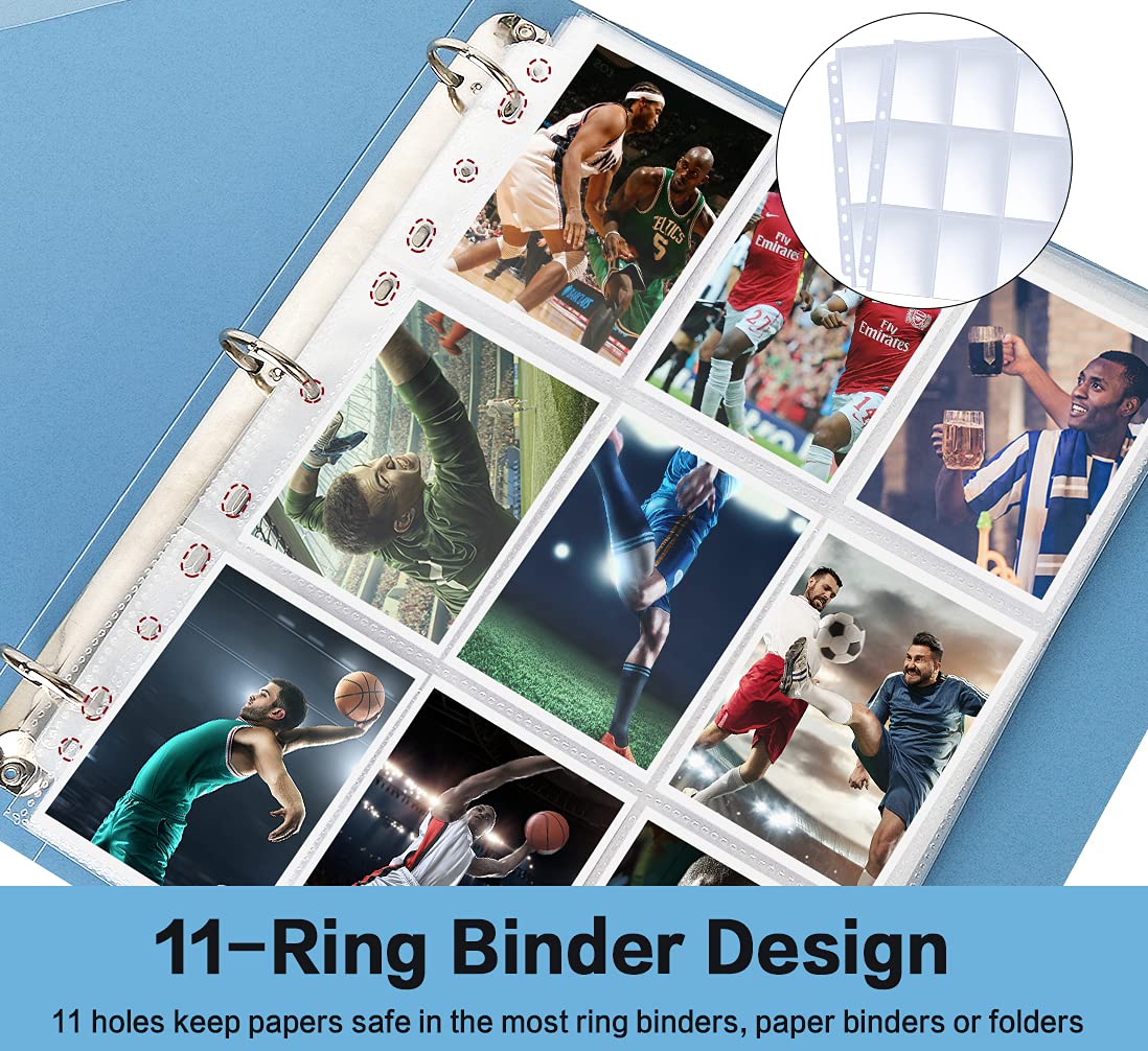 HERKKA Trading Card Sleeve Pages, 100 Pack, Clear Polypropylene, 9 Pocket, Fits 3 Ring Binders