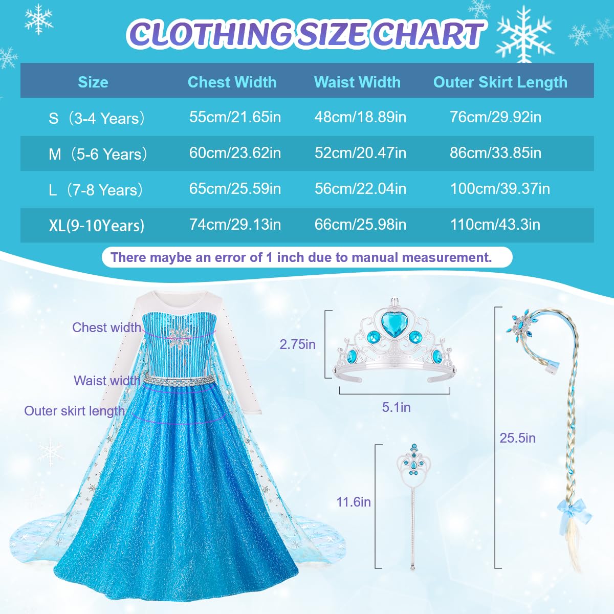 Meland Princess Dresses For Girls - Princess Costume With Long Cape For Cosplay, Dress Up Clothes For Little Girls Age 3,4,5,6,7