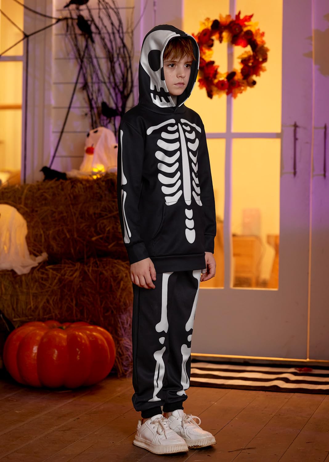 Halloween Boys Girls Black Skeleton Bone Hooded Skull Sweatshirt Set With Kangaroo Pocket 10 Years