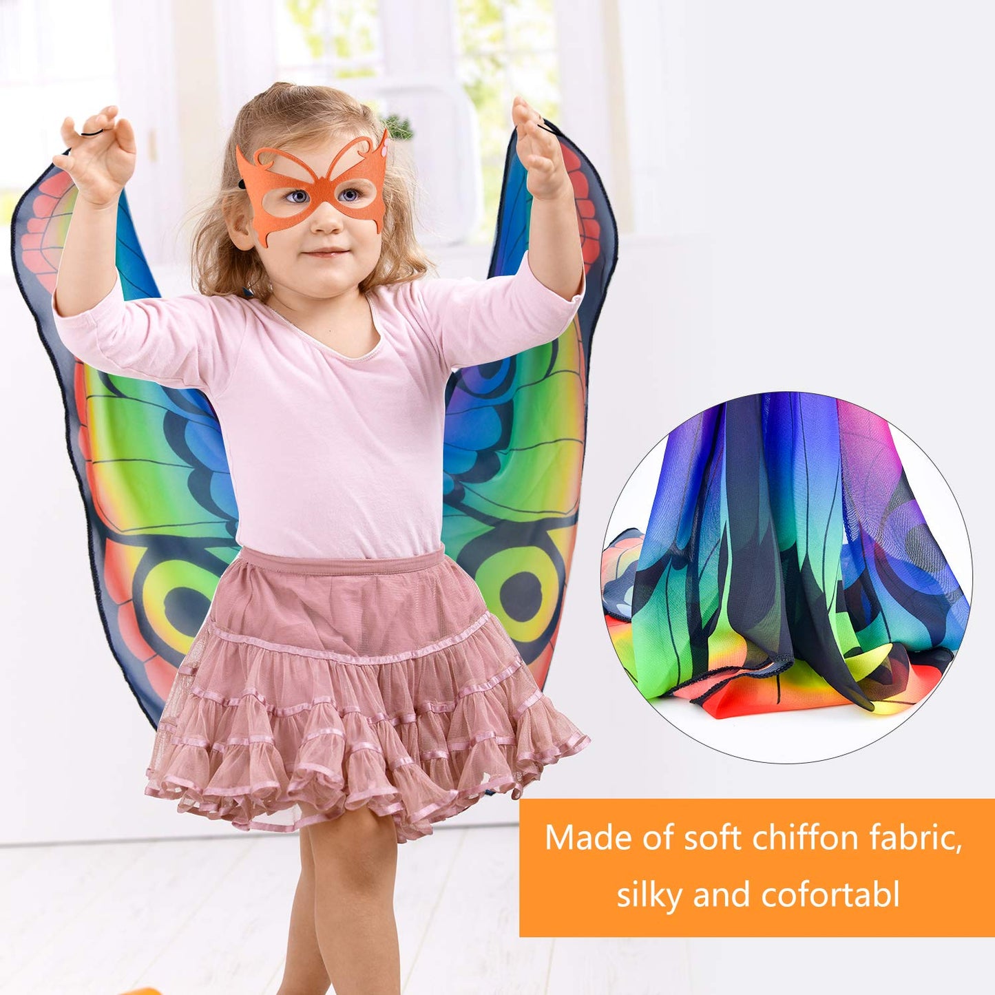 9 Pieces Kids Butterfly Costume Fairy Butterfly Wings Masquerade Masks Halloween Girls Dress Up Pretend Play (Rainbow Series)
