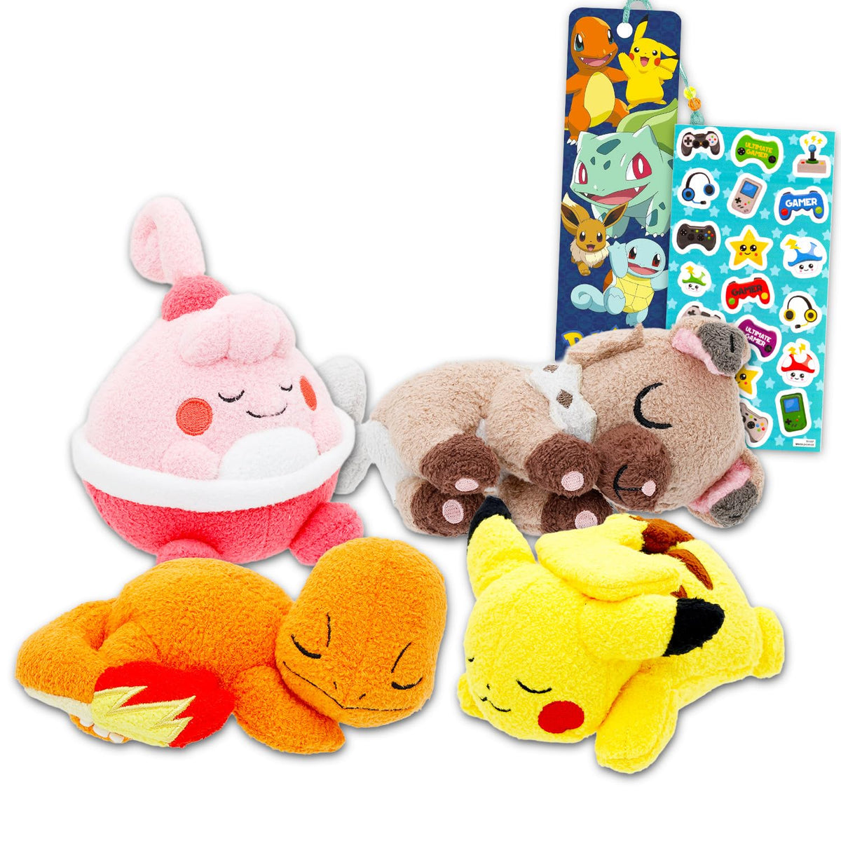 Pokemon Plushie Set  Bundle with 4 Plush 5 Figures: Pikachu, Rockruff, Charmander, Happiny Plus Bookmark, More | Pokemon Stuff