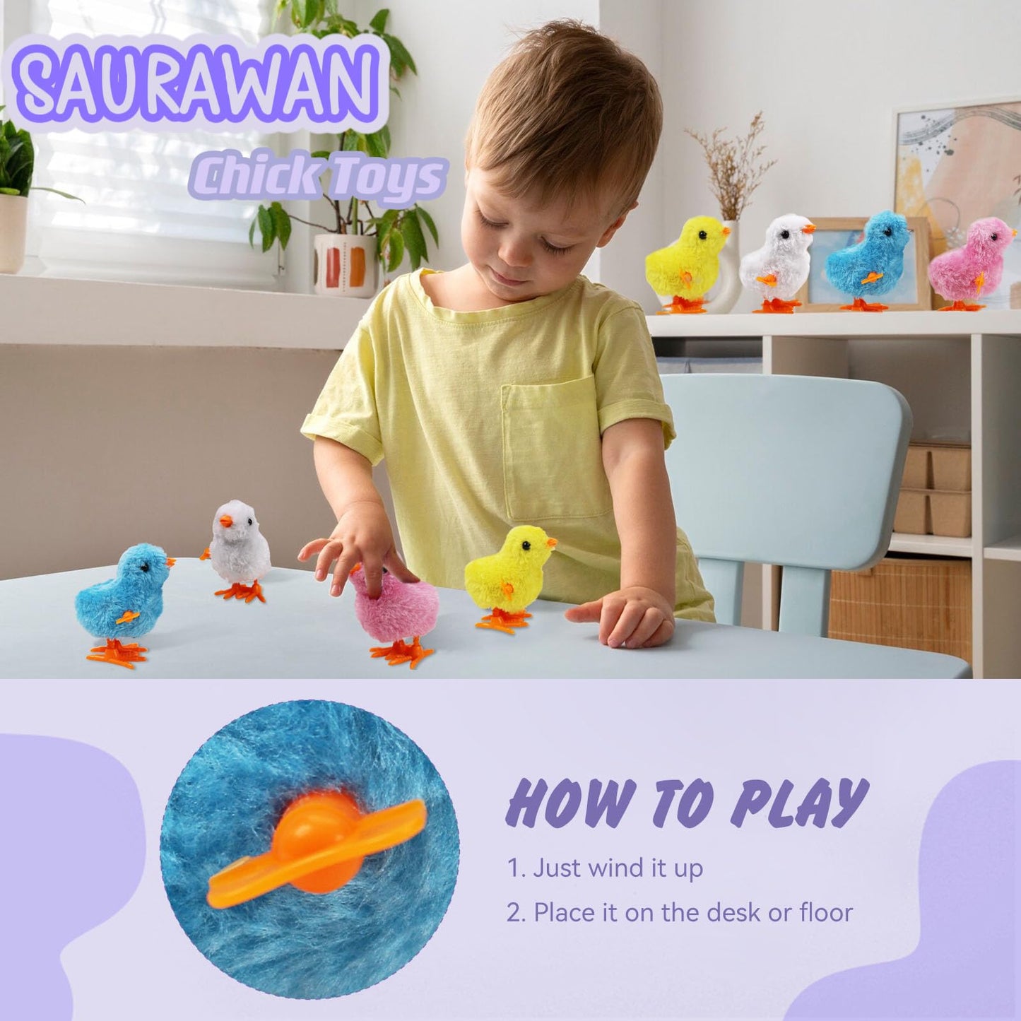 Saurawan 2-Pcs Chicken Plush Wind Up Toys For Kids And Toddlers, Wind Up Easter Toys For Easter Egg Fillers, Goody Bag Stuffer -