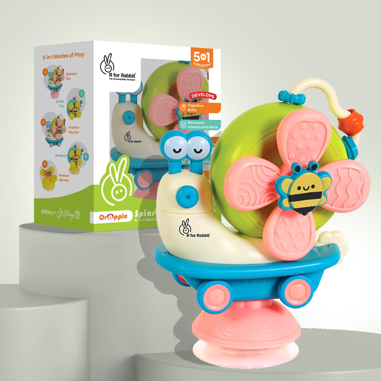 R For Rabbit Orapple Spinster Toy For Baby 5-In-1 Suction Spinner, Rattle, Friction Car, Windmill & Sensory Play | Bpa-Free, Saf