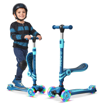 Blue 3 Wheel Scooter with Seat for Kids, Light-Up Wheels, Adjustable Lean to Steer Handlebar and Seat, Smooth Wheels, Wide No-Sl