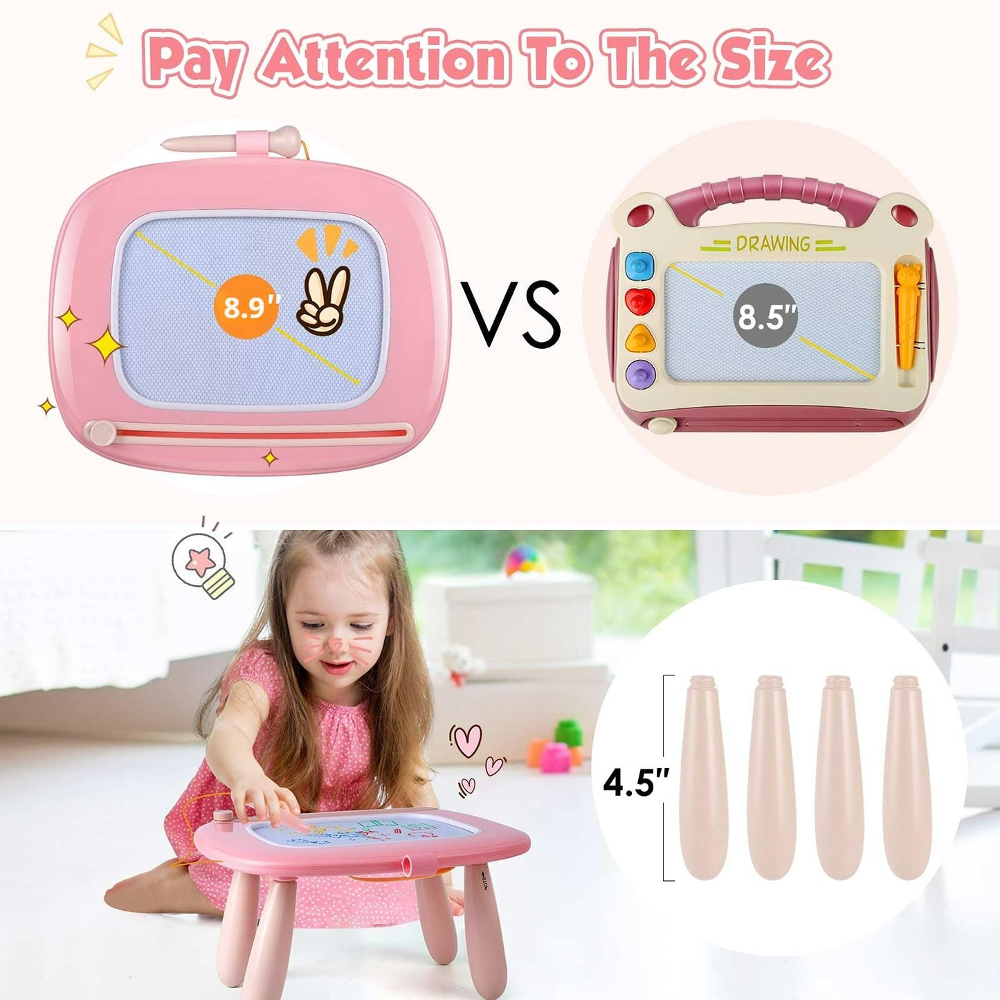 Smasiagon Magnetic Drawing Board for Toddlers, 10"W x 4.5"H, Light Pink, ABS Material, Ideal Birthday/Christmas Gift for Ages 1-3