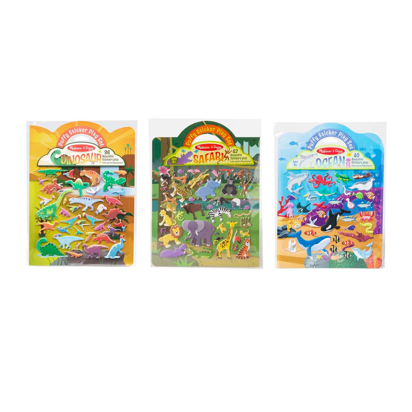 Melissa & Doug Puffy Sticker Activity Books Set of 3 - Safari, Dinosaur & Ocean, with 118 Reusable Puffy Stickers and Fold-Out S