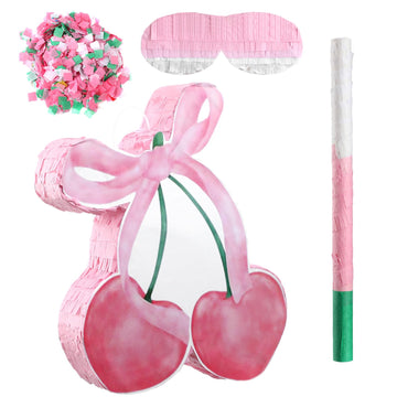 Glimin Pink Bow Piata with Stick Blindfold and Confetti, Shes The Cherry on Top Theme Birthday Party Baby Shower Nursery Decora