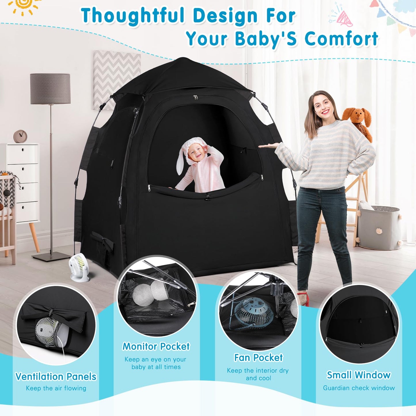 WANRU Blackout Tent for Pack and Play - One-Click Opening, 95% Light Blocking, Black, Breathable Polyester Cover