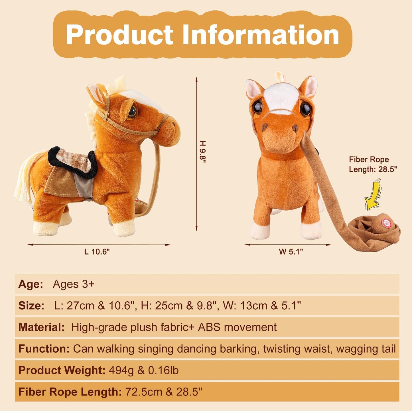 Marsjoy Interactive Plush Walking Pony Toy - Musical, Dancing, Brown, 11.81" for Kids Ages 3+