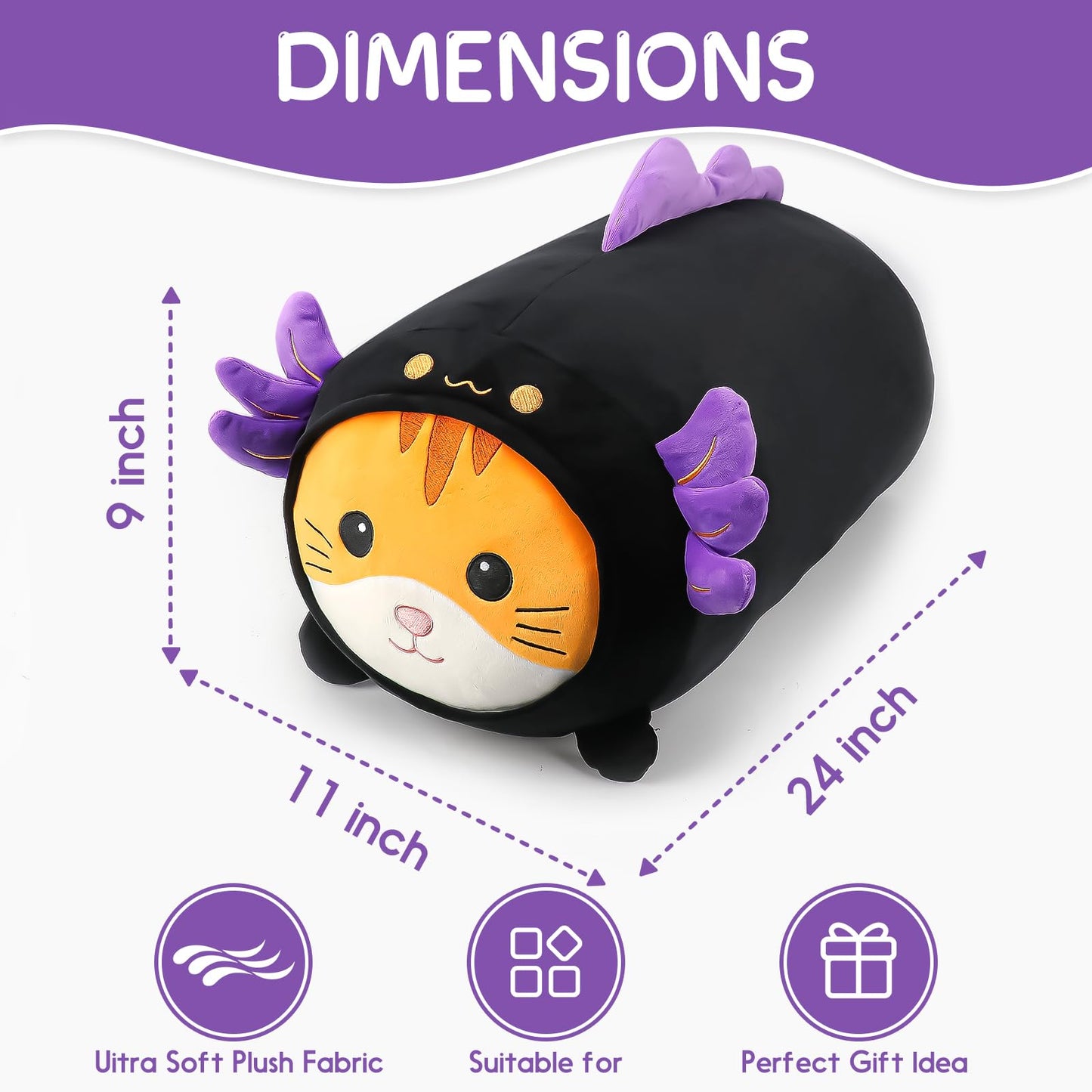 Mmguai 24'' Cute Black Axolotl Cat Plush Toy, Kawaii Plushies Big Axolotl Stuffed Animal, Soft Squishy Axolotl Kitten Plushies G