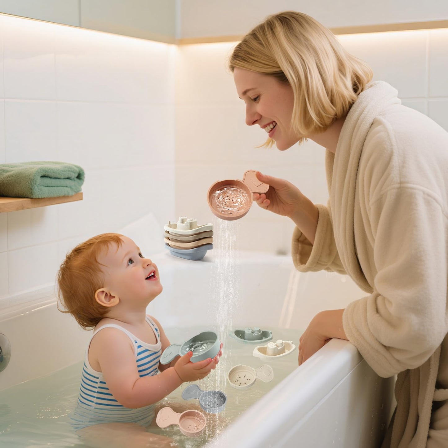 Baby Bath Toys  11PCS | Mold Free Bath Toys for Toddlers with Bath Boats | Educational Bath Spoons with Numbers| Easy-Grip  Floating and Drain Water | Count Skill & Color Recognition | Baby Pool Toys