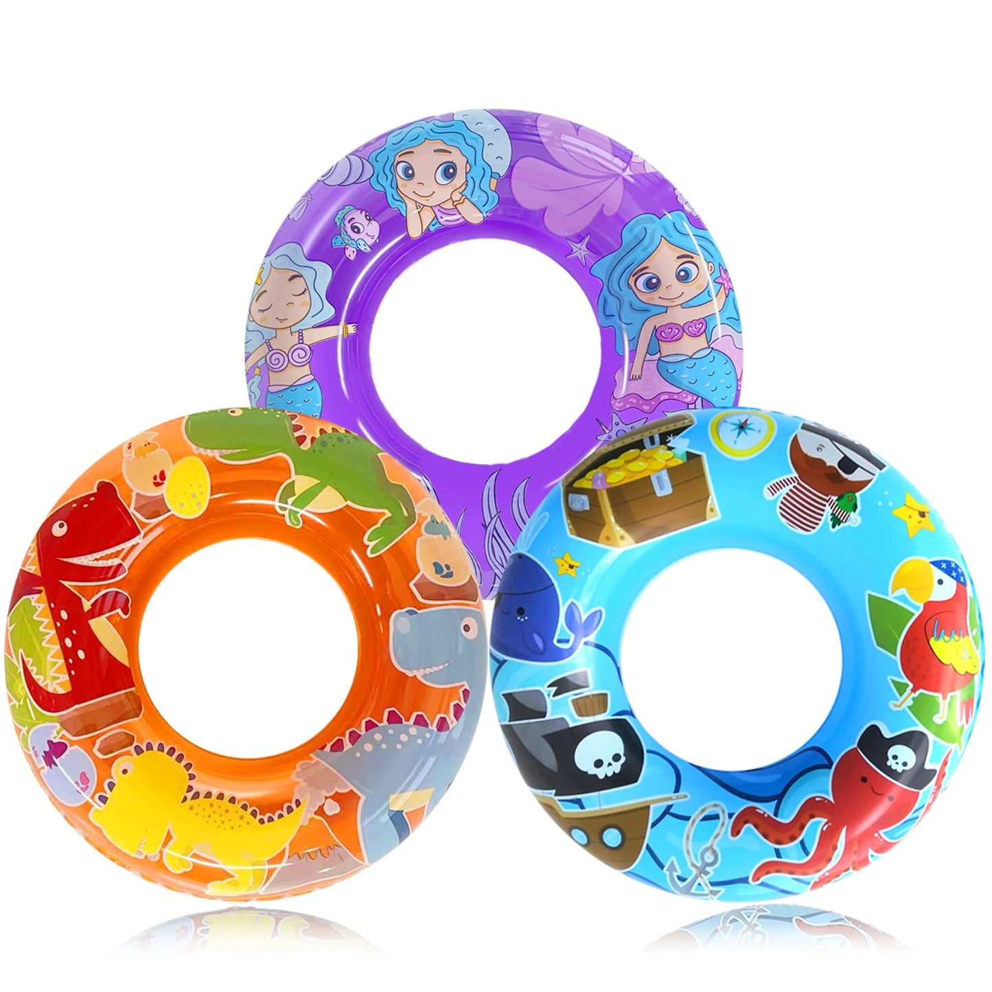 3-Pack Kids Pool Floats with Dinosaur/Pirate/Mermaid Design - Pool Toys for Toddler, 27.5 Inflatable Swim Rings, Inner Tube for