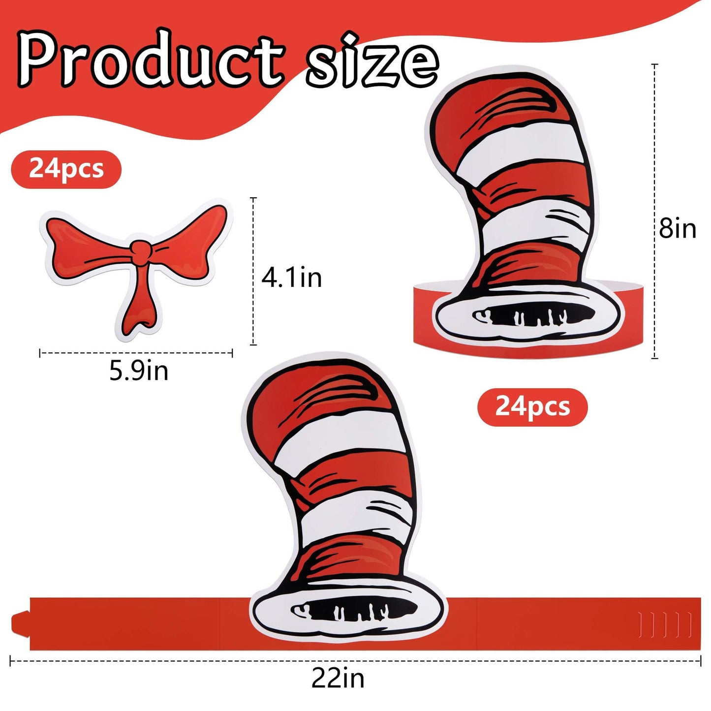 Wehhbtye 24 Pcs White and Red Striped Paper Hats and Bow Tie, Red Cat Costume Top Hat with Glue Point, Circus Paper Headwear for