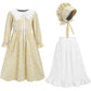 Fortmac Prairie Dress Girls Pioneer Colonial Costume Floral 1800S Pilgrim Costume With Apron And Bonnet Yellow 11-12Y