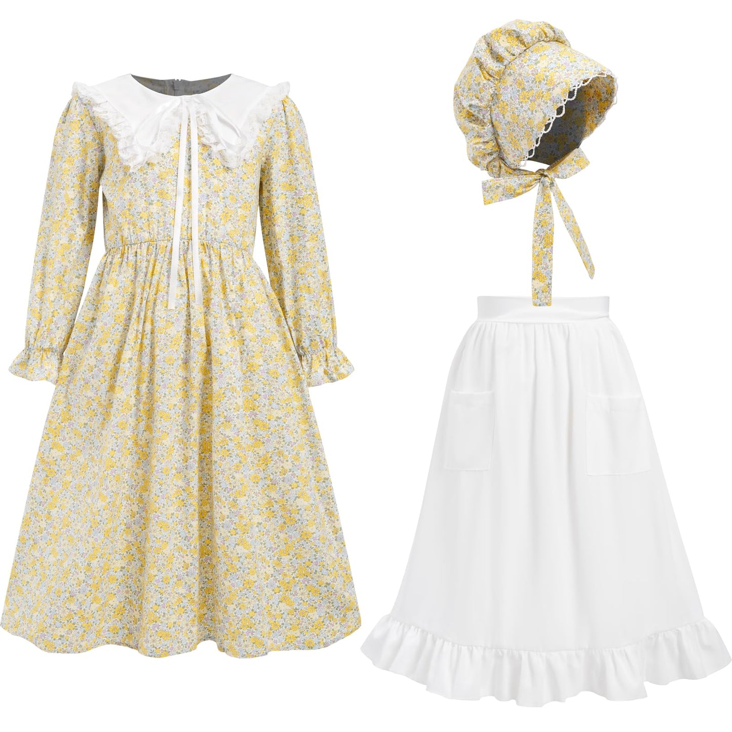FORTMAC Prairie Dress Girls Pioneer Colonial Costume Floral 1800s Pilgrim Costume with Apron and Bonnet Yellow 7-8Y
