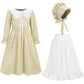 FORTMAC Prairie Dress Girls Pioneer Colonial Costume Floral 1800s Pilgrim Costume with Apron and Bonnet Yellow 7-8Y