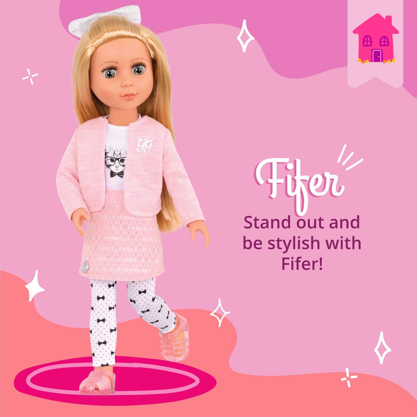 Glitter Girls - 14-Inch Fashion Doll - Blonde Hair & Green Eyes - Pink Cardigan & Skirt - Cat - Themed Outfit - 3+ Years- Fifer