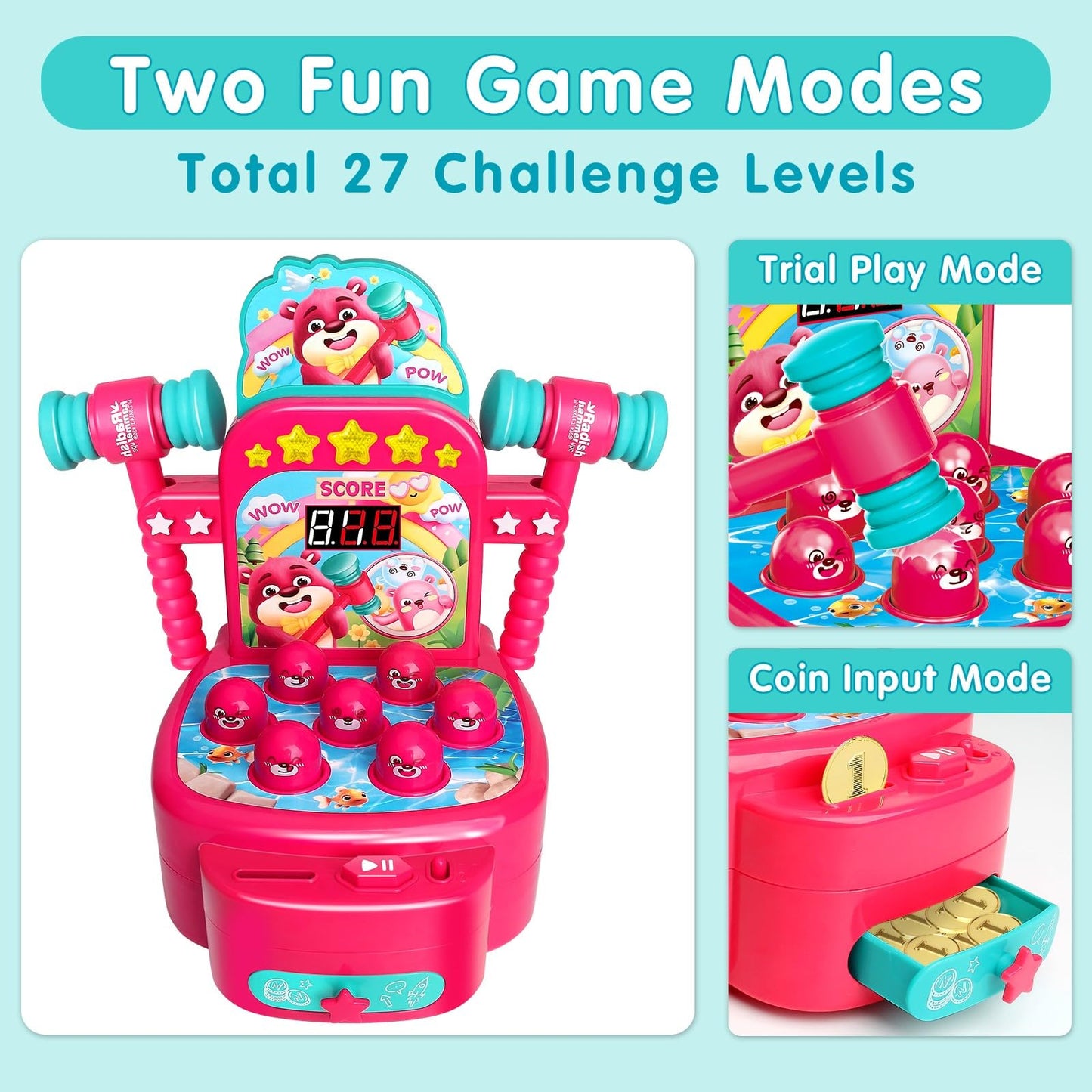 Yerloa Whack A Mole Game For Toddlers 2 3 4 5 Year Old Boy Girl Kids Easter Birthday Gift, Toys For Ages 2-4 4-6 Learning Interactive Educational Cause And Effect Toys With 2 Hammers, Music & Light
