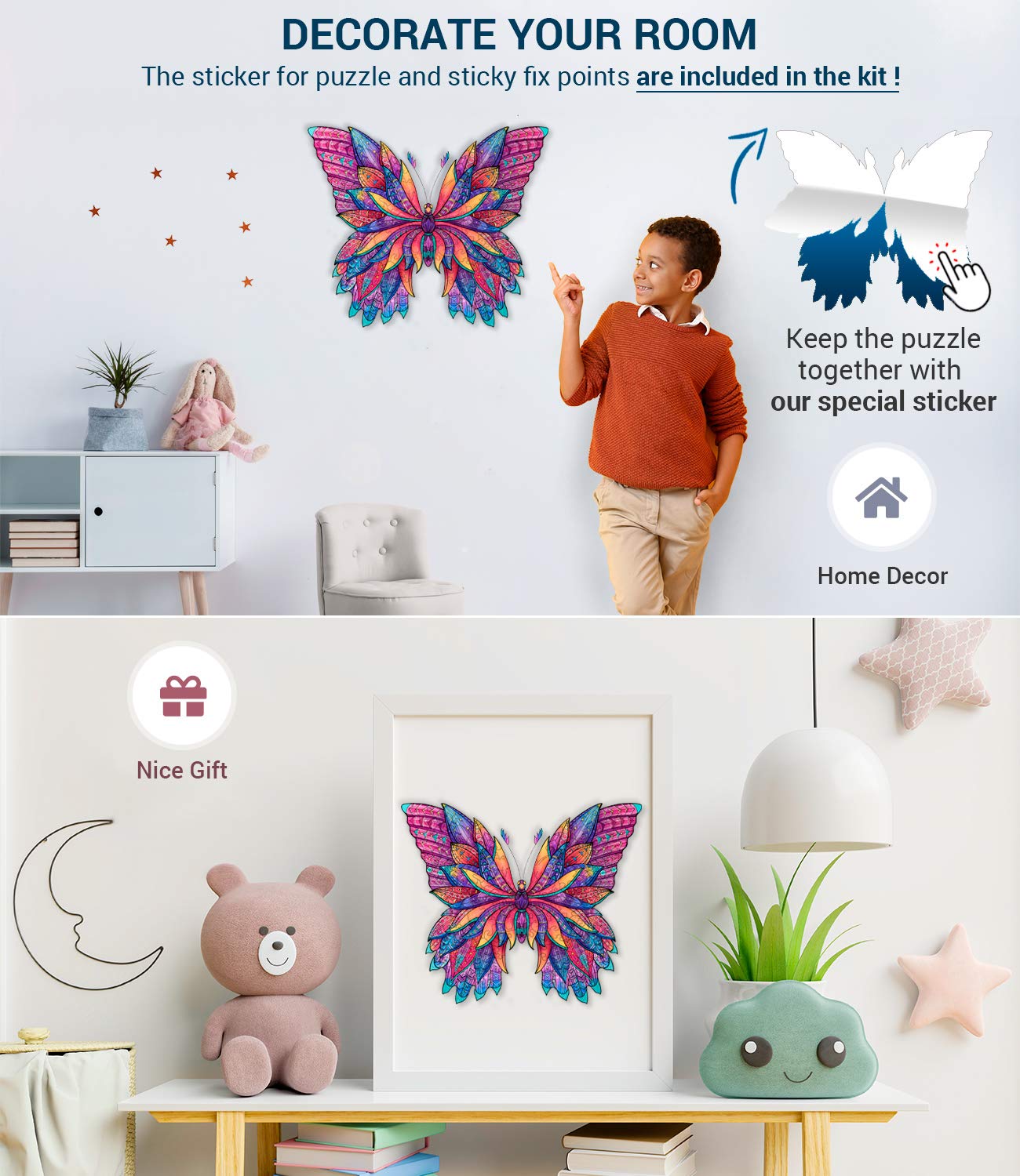 Hodslen Woods - Animal Wooden Jigsaw Puzzles for Kids (12+ Years) mature-themed  Teens  Family; Majestic Animal Shaped Natural Wood Puzzle  Medium Level 15x15 in. (38x38 cm) 180 pcs  XL - Size - Butterfly