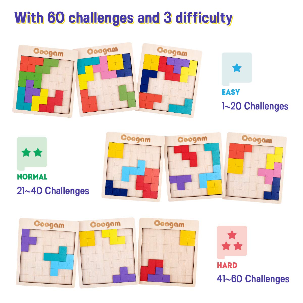 Coogam Wooden Puzzle Pattern Blocks - 3D Brain Teasers, 60 Challenges, Basswood Tangram Jigsaw for Kids & Adults