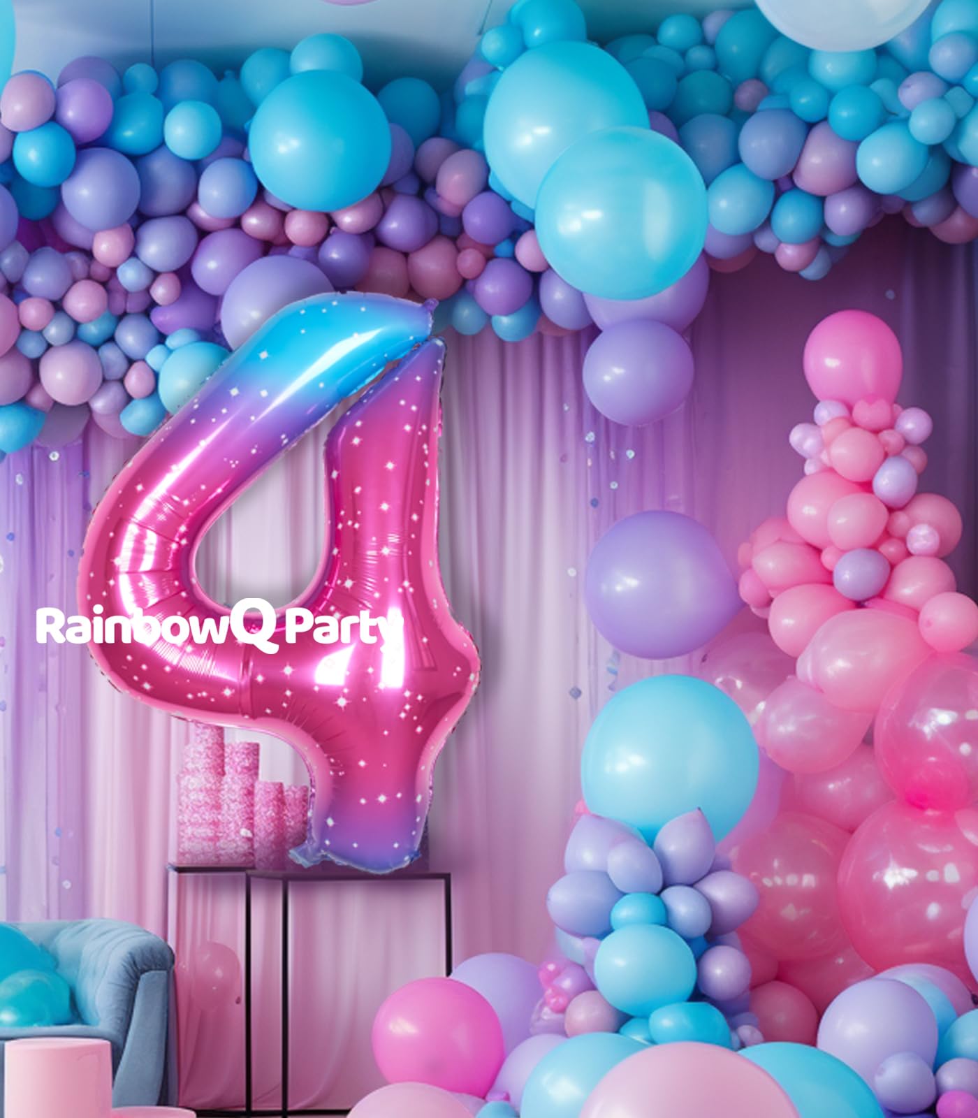 Rainbowq 4 Balloon Number 40 Inch For Boy Or Girl Big Starry 0-9 Foil Mylar Large 4 Number Balloon Happy 4Th Birthday Party Anni