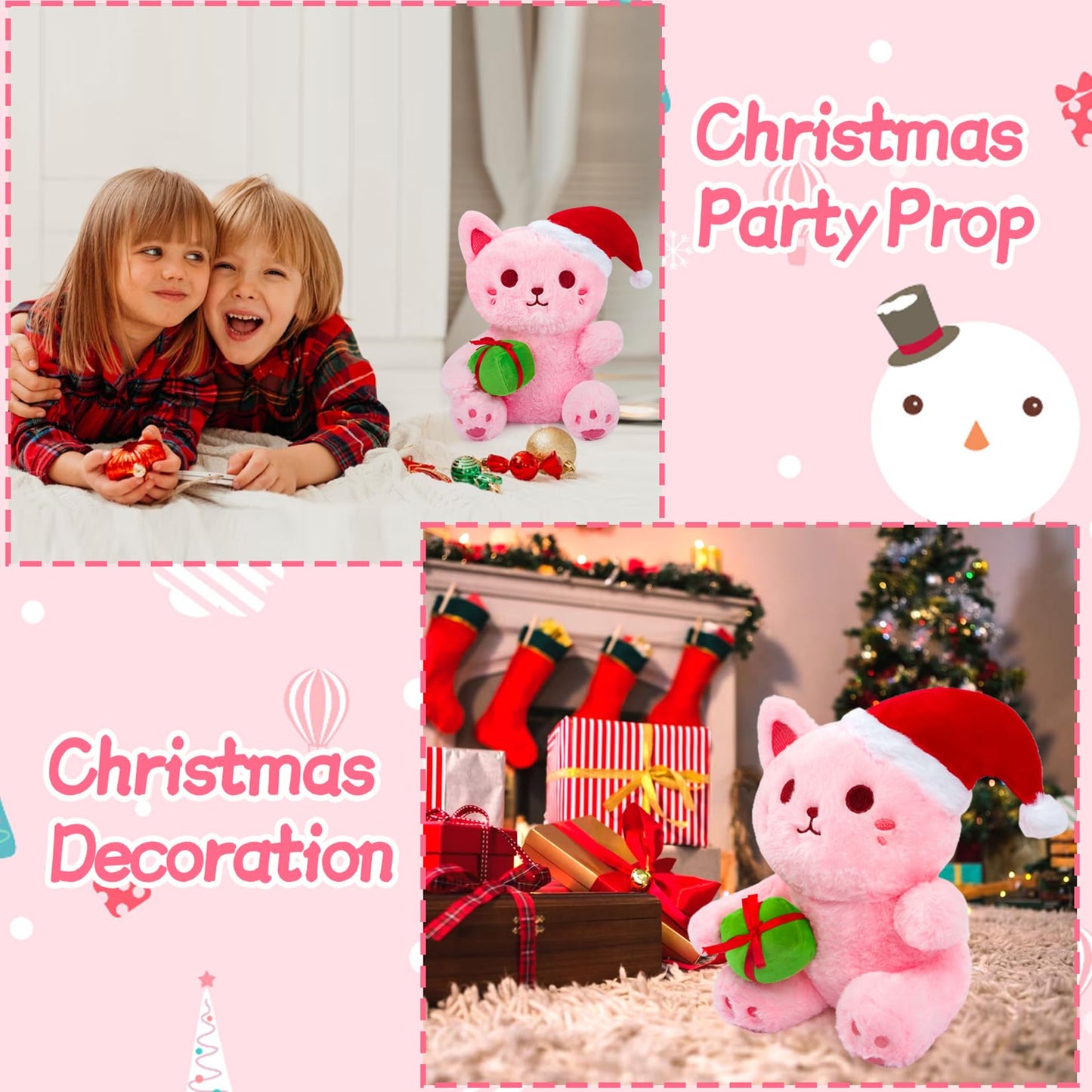 Hagusahuo Christmas Stuffed Animal Pink Cat Plush, Cute Cat Stuffed Animal With Gift Box Plush For Kid, Kawaii Cat Plushie Toy For Kids Boys Girls Cartoon Christmas Decoration