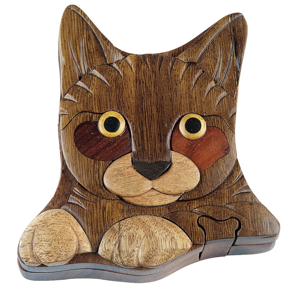 Hand Carved In Vietnam Wooden Cat Puzzle Box- Intarsia Wood Art