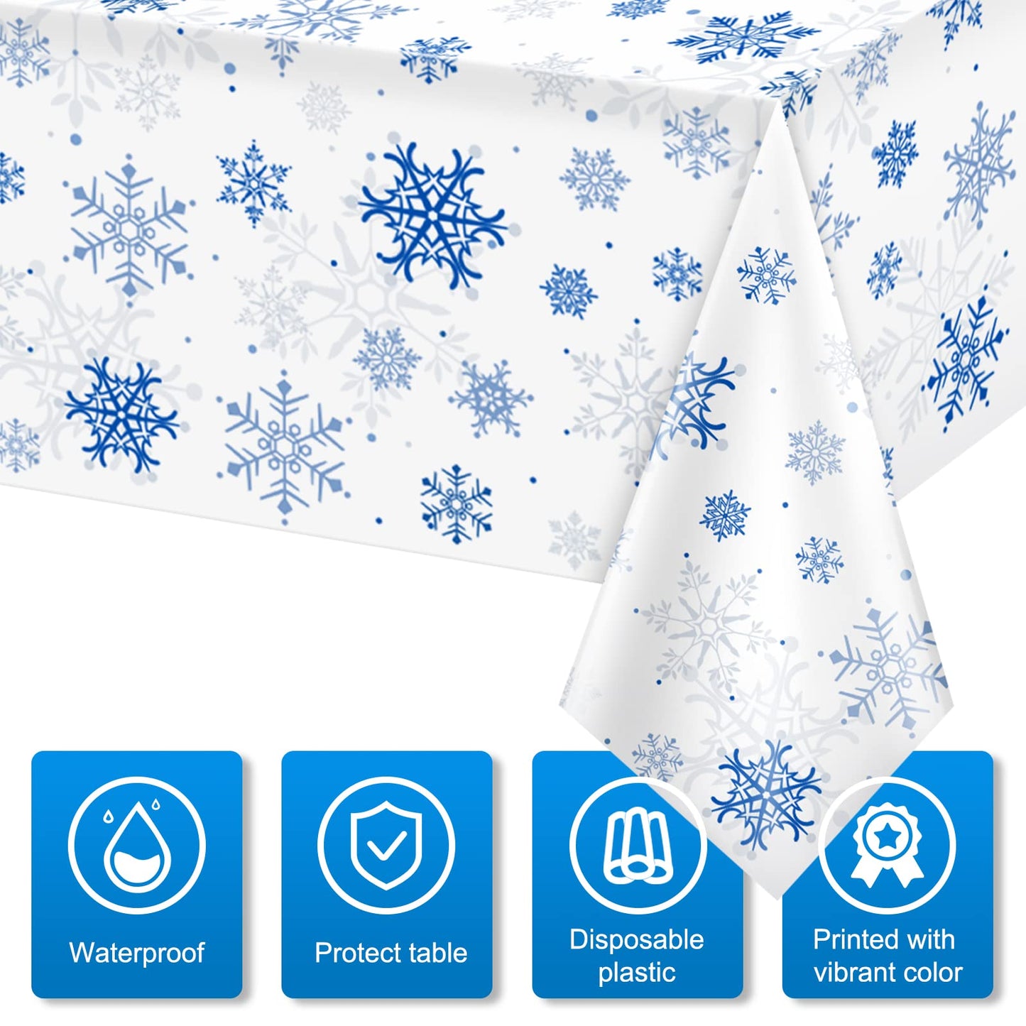 3 Pieces Snowflake Christmas Party Tablecloth Decorations,Plastic White Snowflake White Blue Xmas Backdrop Sign Table Cover Bann