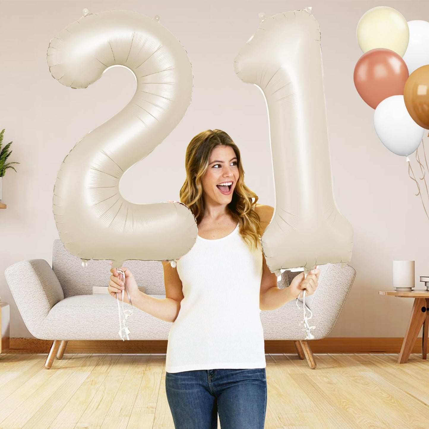 Biapian 40 Inch Cream Number 21 Balloon, 21St Birthday Balloons, Big Digital 21 Or 12 Beige White Giant 21 Foil Balloon Helium F