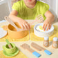 Toyssa 34 PCS Wooden Play Dishes and Plates Kitchen Set Toys for Toddler, Kids Play Kitchen Accessories with Pan & Tableware, Mo