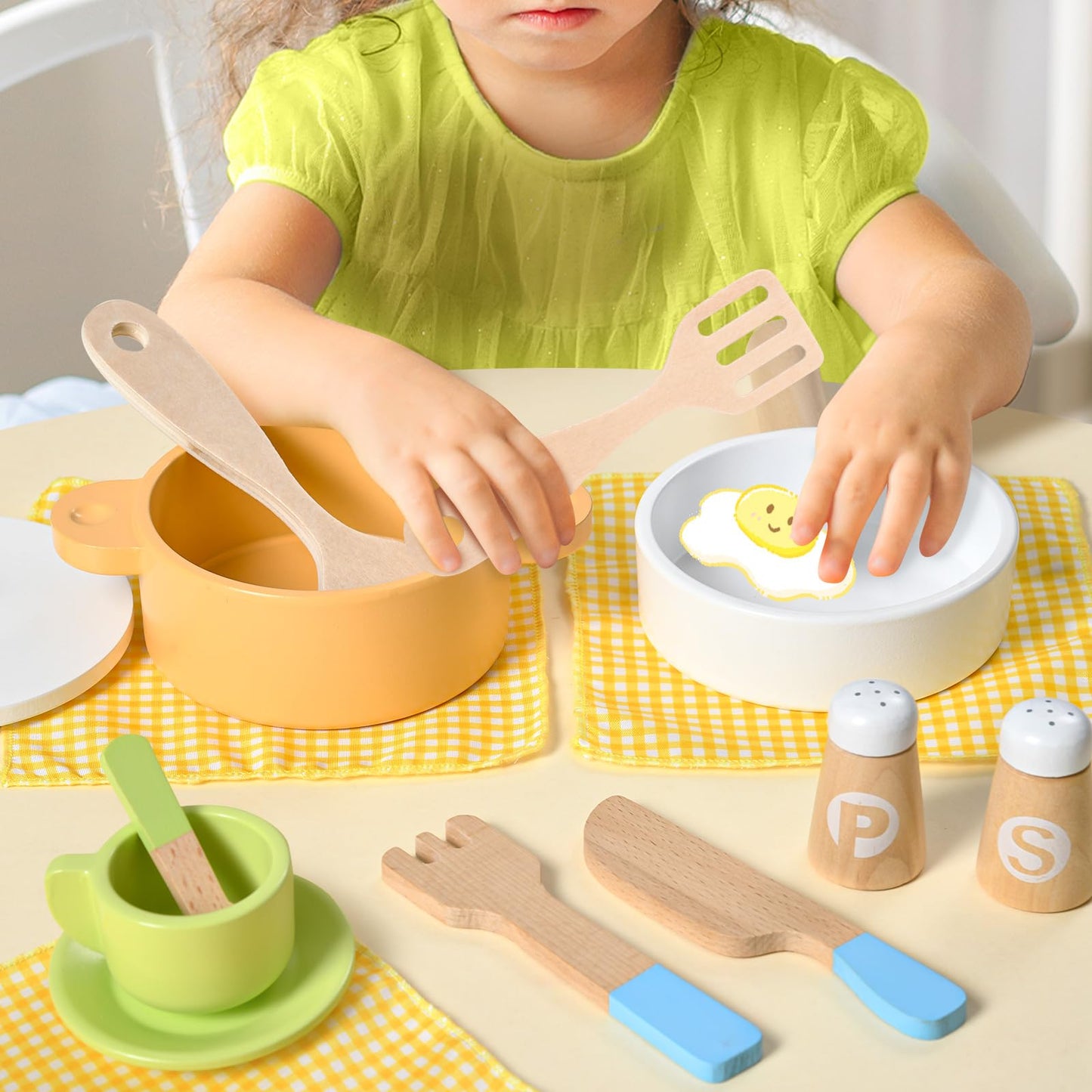 Toyssa 34 PCS Wooden Play Dishes and Plates Kitchen Set Toys for Toddler, Kids Play Kitchen Accessories with Pan & Tableware, Mo