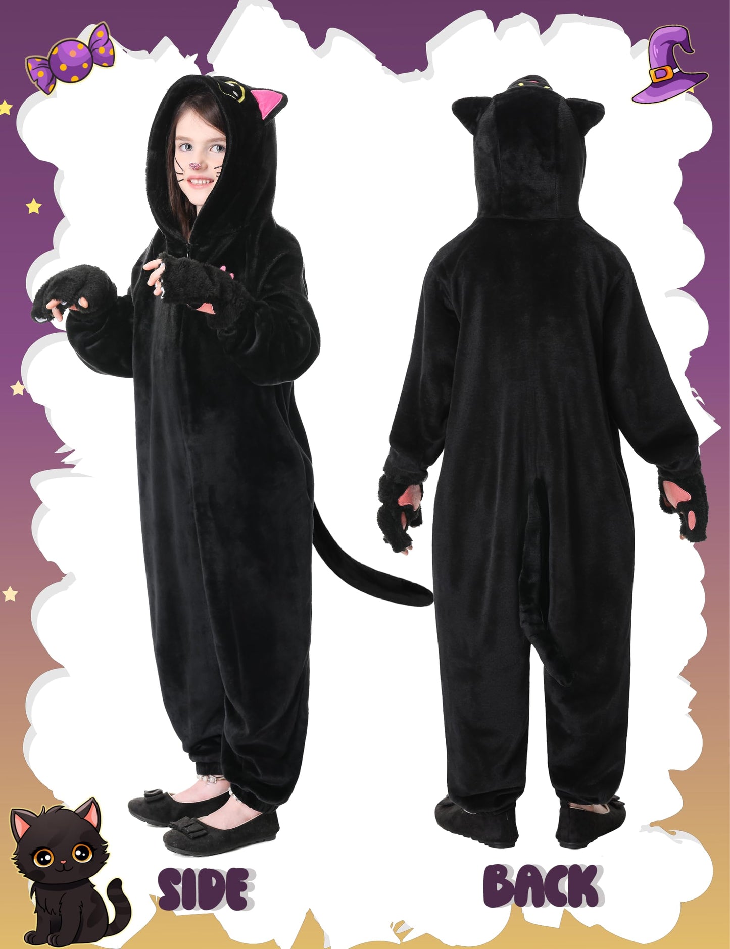 Resiwai Black Cat Costume For Kids Girls Kitten Costume Kids Cat Onesie Halloween Black Cat Costumes For Kids