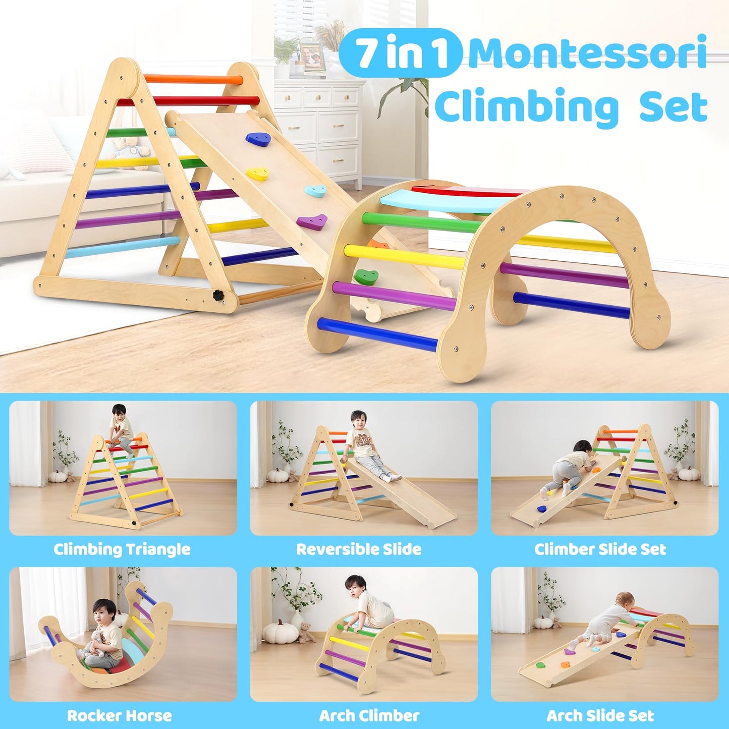Yoleo Large Pikler Triangle Set 7-In-1 With Adjustable Height, Montessori Toddler Climbing Toys Indoor With Sturdy Base, Easy-Fo
