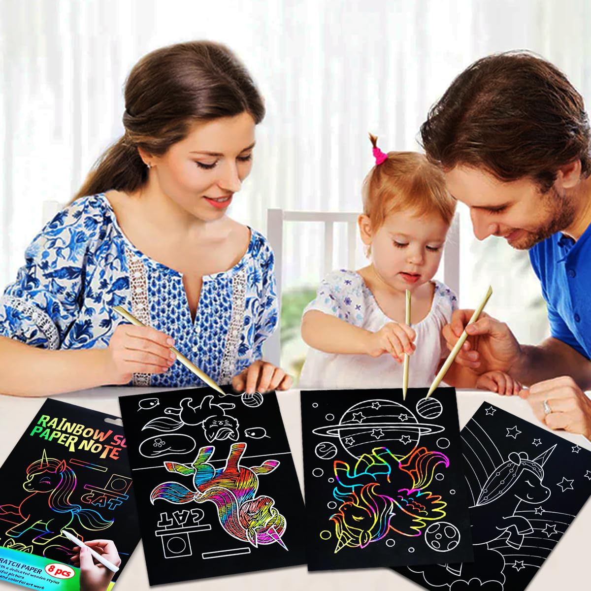 JUNQIU Scratch Art for Kids, Rainbow Scratch Paper Art Set - Unicorn, Arts and Crafts for Kids Ages 4-8 Girls Boys, Kids Activit
