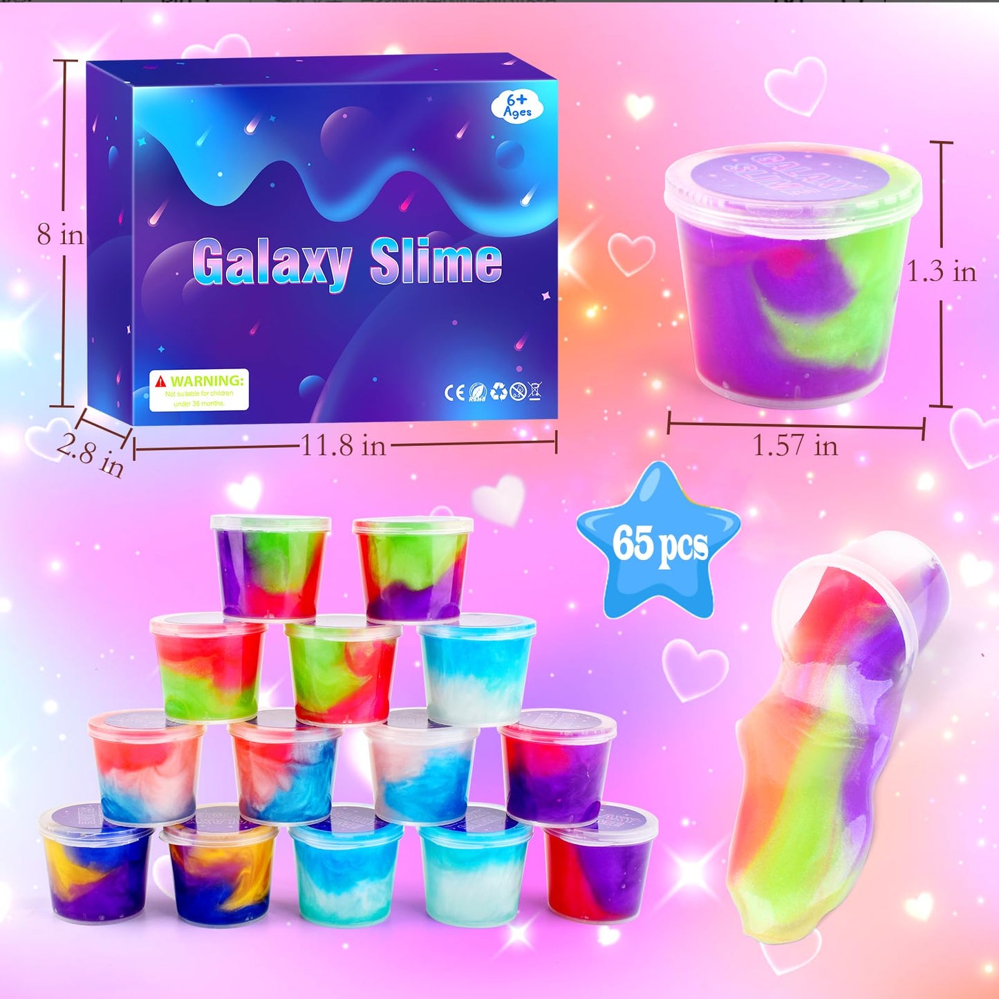 65 Pack Galaxy Slime Kits, Party Favors Slime Kit For Girls And Boys, Soft And Non-Sticky, Galaxy Slime Stress Relief Fidget Toy