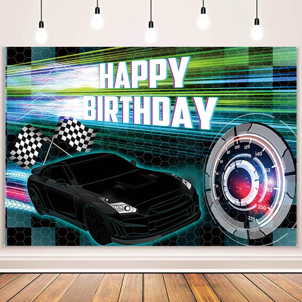 MEHOFOND Racing Birthday Backdrop, 7x5ft Vinyl Party Decor, Black Race Car Theme for Boys