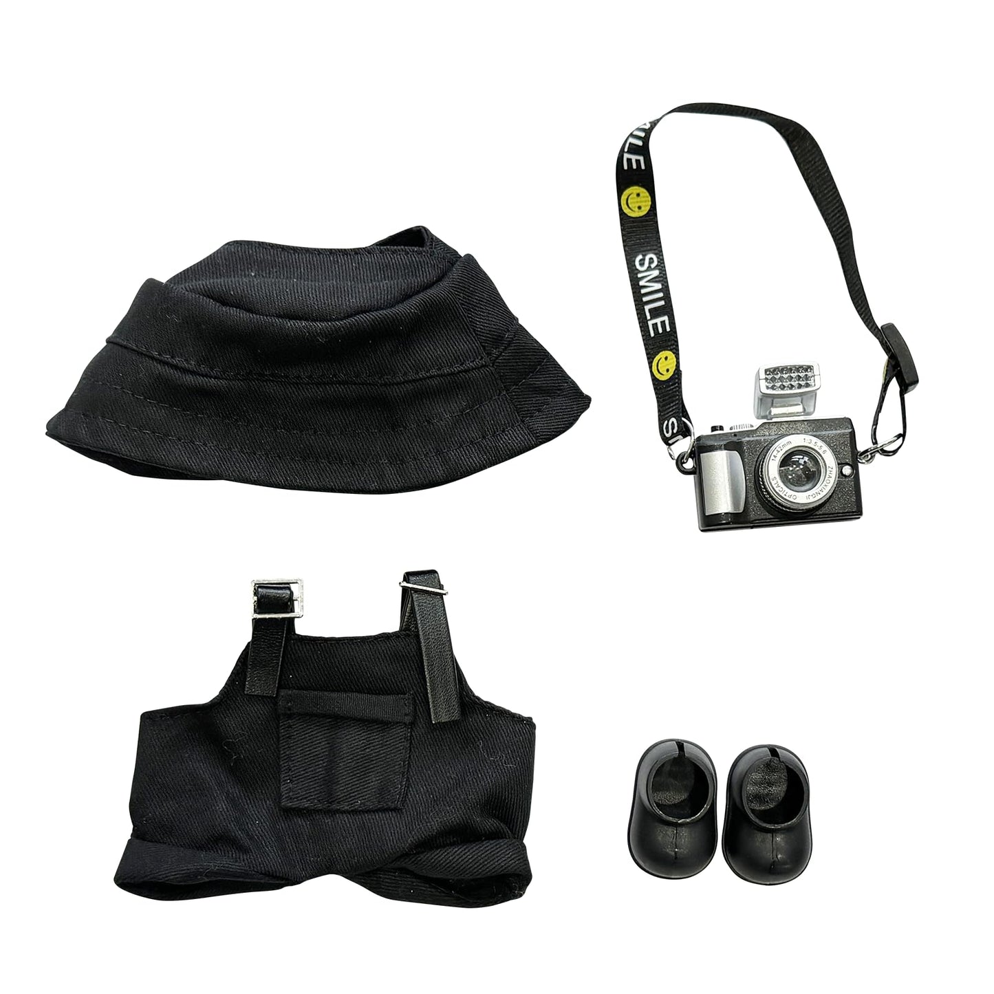 17cm Light Purple Outfit Set (Doll Not Included) - Bucket Hat  Overalls Shorts  Mini Camera & Shoes  Cute Style for 17cm Doll Dress-up (Black SC)