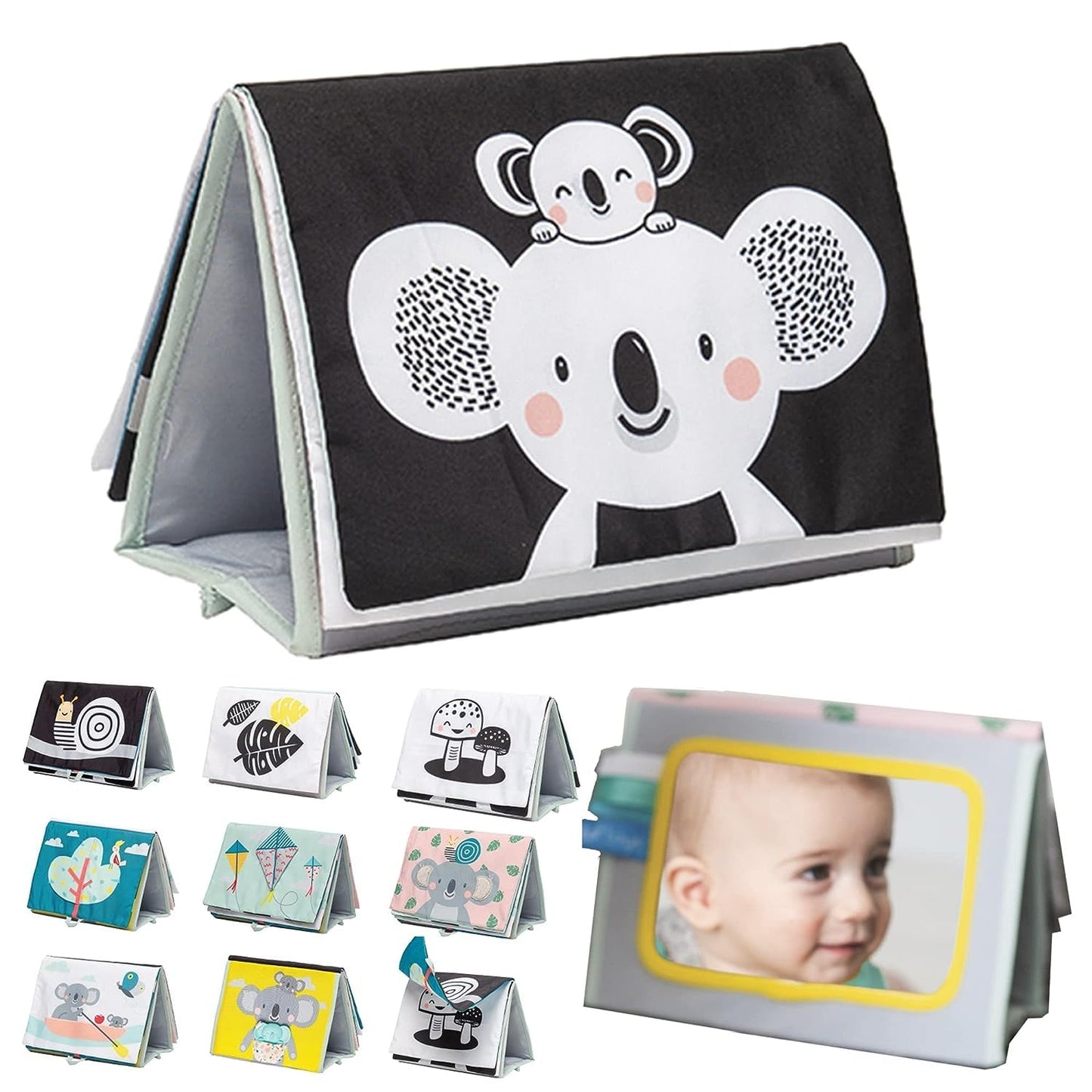 Tummy Time Toys High Contrast Baby Book. Fun, Interactive Crinkle Books for Babies with Baby Tummy Time Mirror & Soft Koala Teet