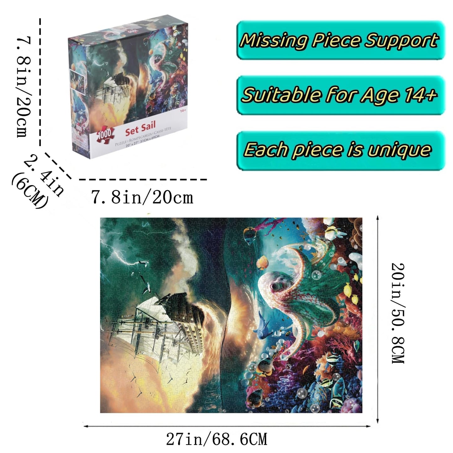 enhanced 1000 Piece Jigsaw Puzzle for mature-themeds -27x20 Unique Marine Artwork Pirate shipoctopus Puzzle - Unique Brain Teaser  Difficult and Challenge Large Puzzle Game Toys Gift