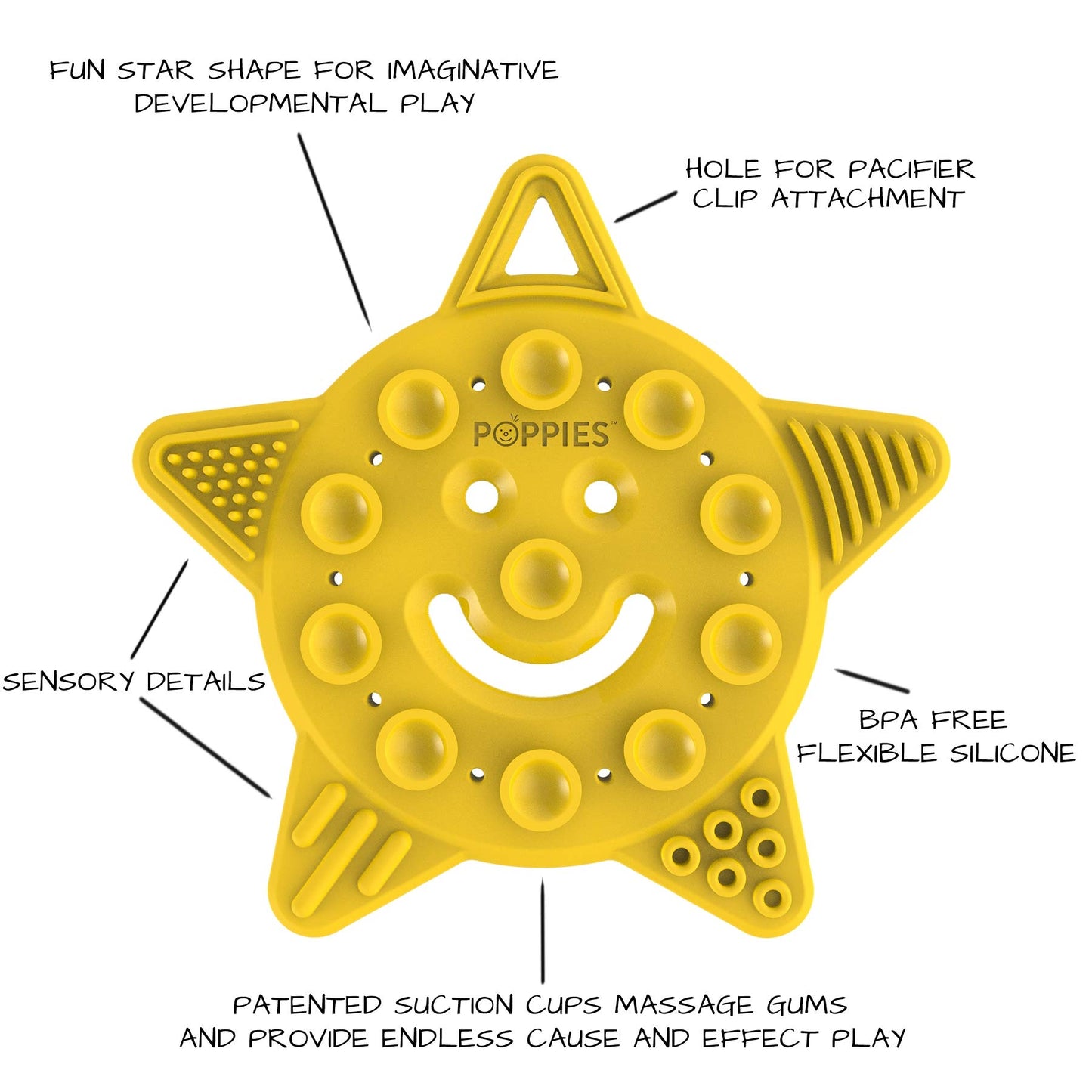 Poppies BPA-Free Silicone Suction Cup Teether - Sensory Bath Toy, Yellow, 1 Count