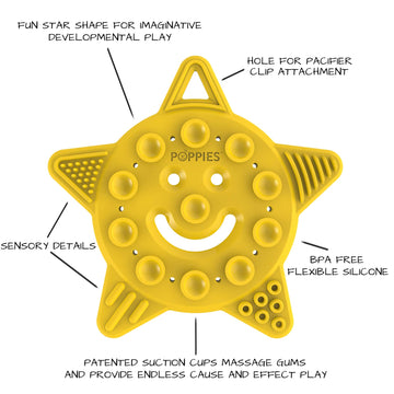 Poppies BPA-Free Silicone Suction Cup Teether - Sensory Bath Toy, Yellow, 1 Count