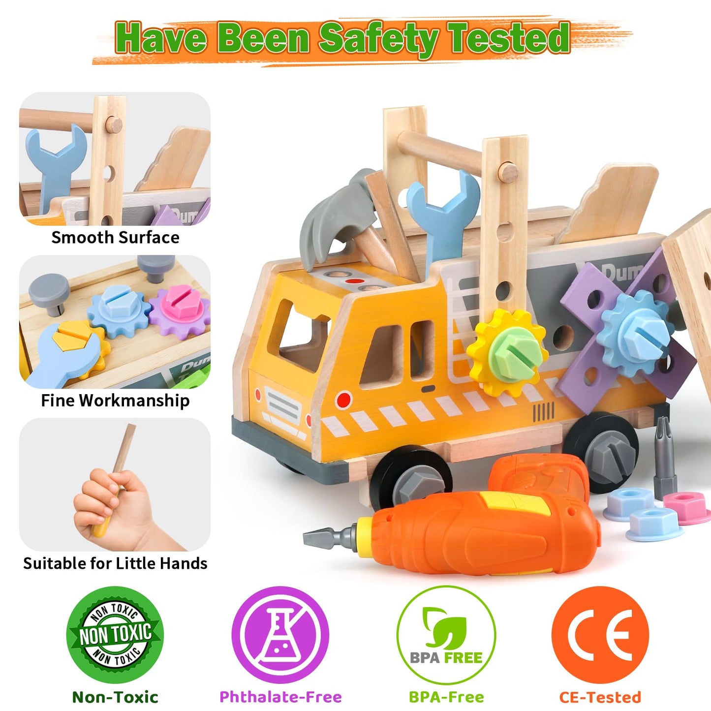 Aliex 38PCS Kids Wooden Truck Tool Set with Toy Drill for Toddlers Ages 3 4 5 6,Montessori STEM Educational Learning Constructio