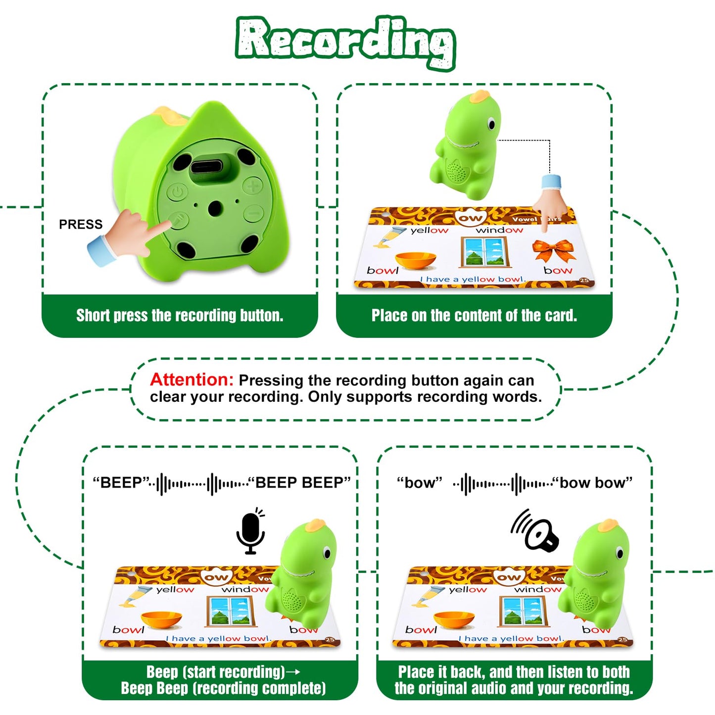 Speech Therapy Sensory Toy, Talking Dinosaur Phonics Reader With 74 Double-Sided Phonics Flash Cards & 6 Theme Stickers, Interac