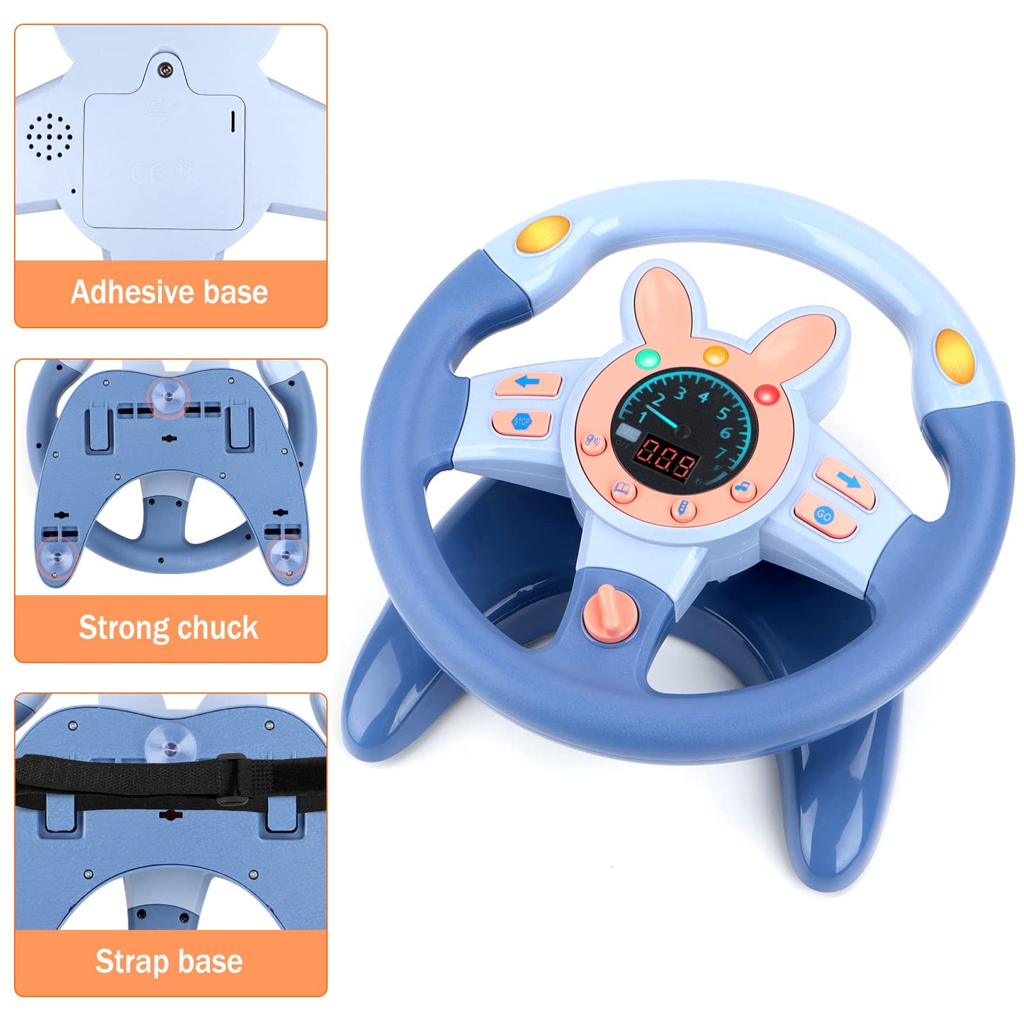 deAO Kids Steering Wheel Toy - Simulated Driving with Light & Music, Large, Blue, Model: deAO