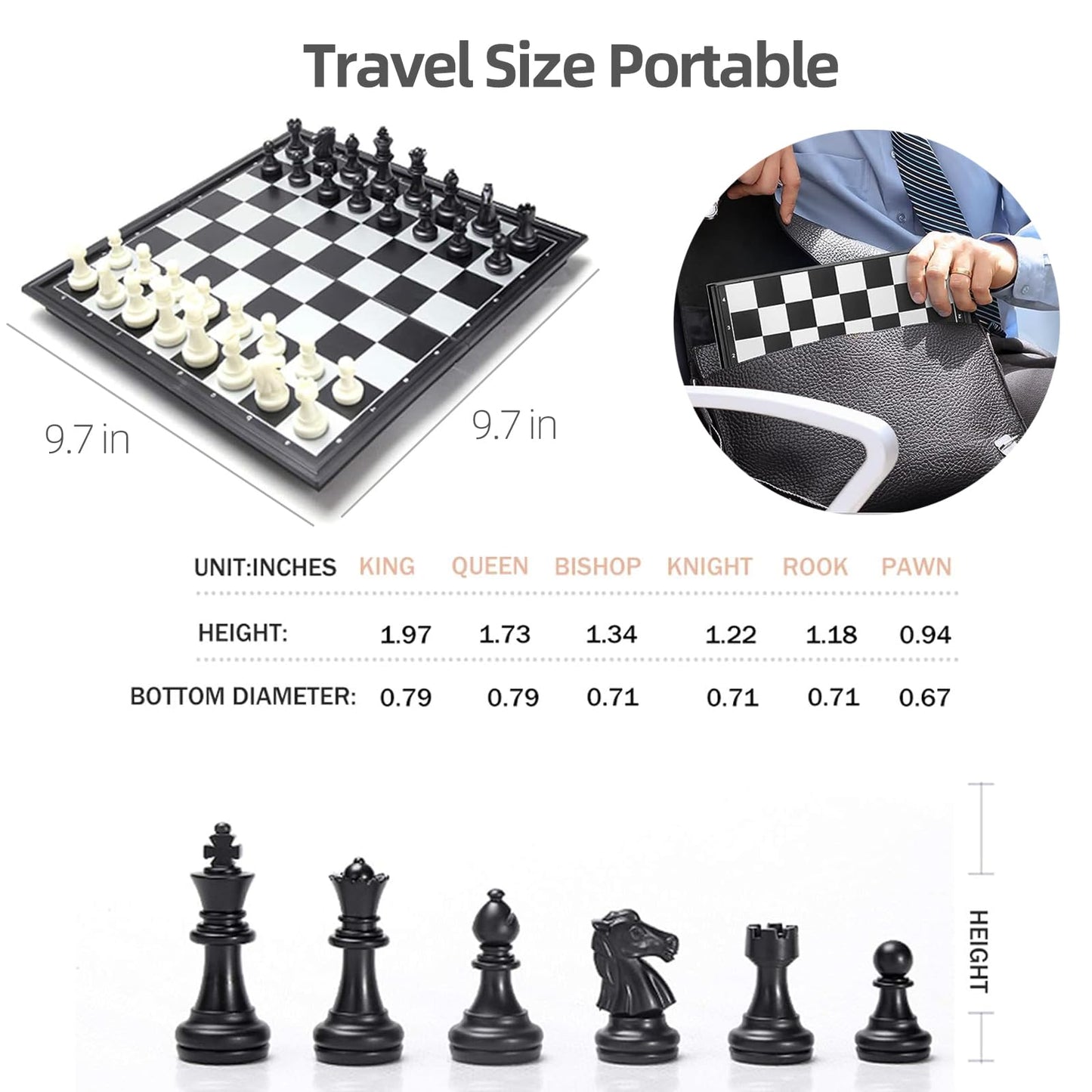 Pedolini Travel Chess Set - Magnetic Portable Folding Board, Medium 9.7 Inch, Plastic Material